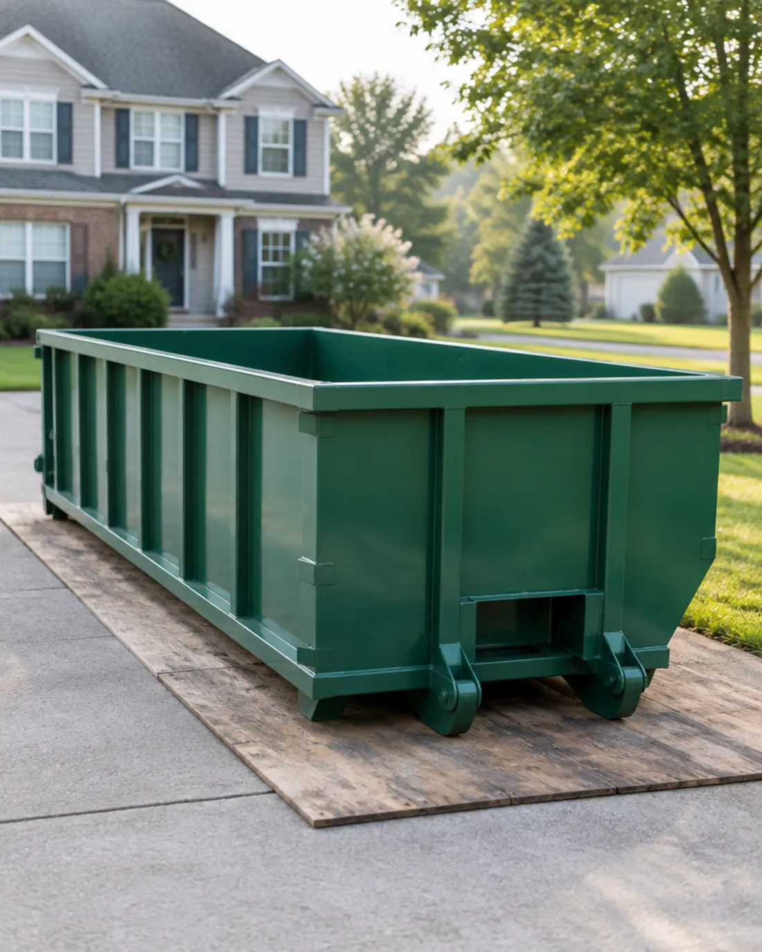Empty roll-off dumpster placed on boards at the end of a driveway