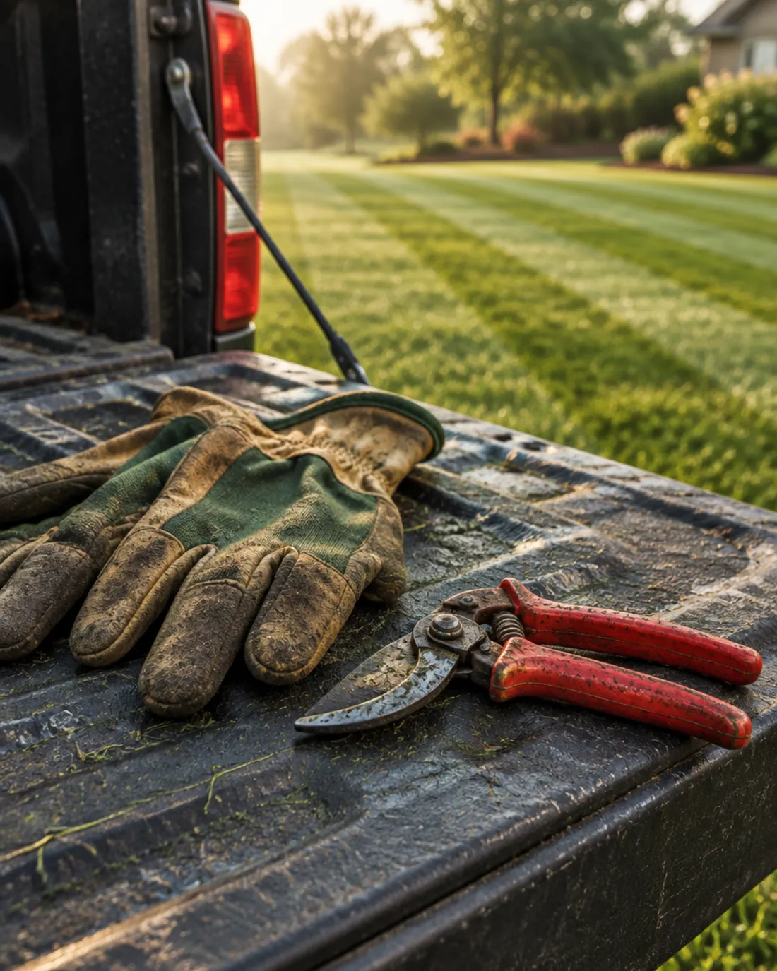 Work gloves and hand pruners on a truck tailgate beside a striped lawn