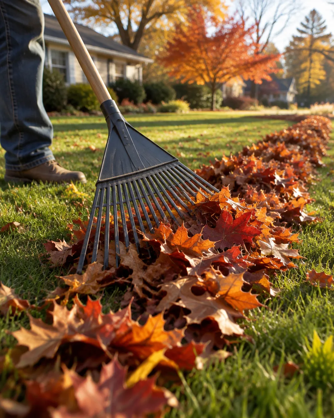 Rake gathering a row of autumn oak leaves on green grass