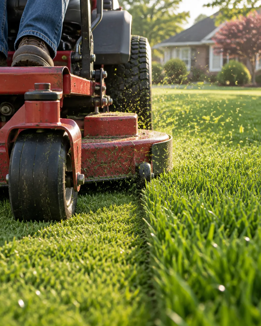 Mower deck cutting a clean stripe into a thick green lawn