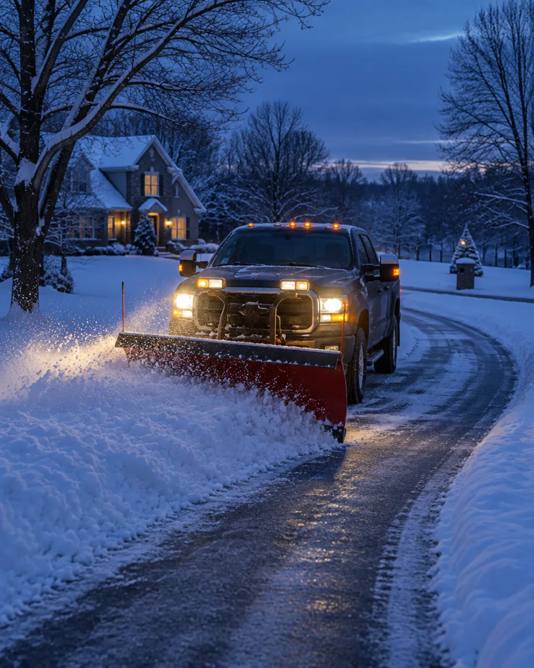 Pickup truck with a plow clearing a snowy driveway at dusk