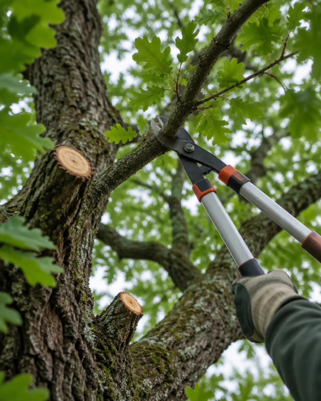 Gloved hand trimming an oak branch with loppers